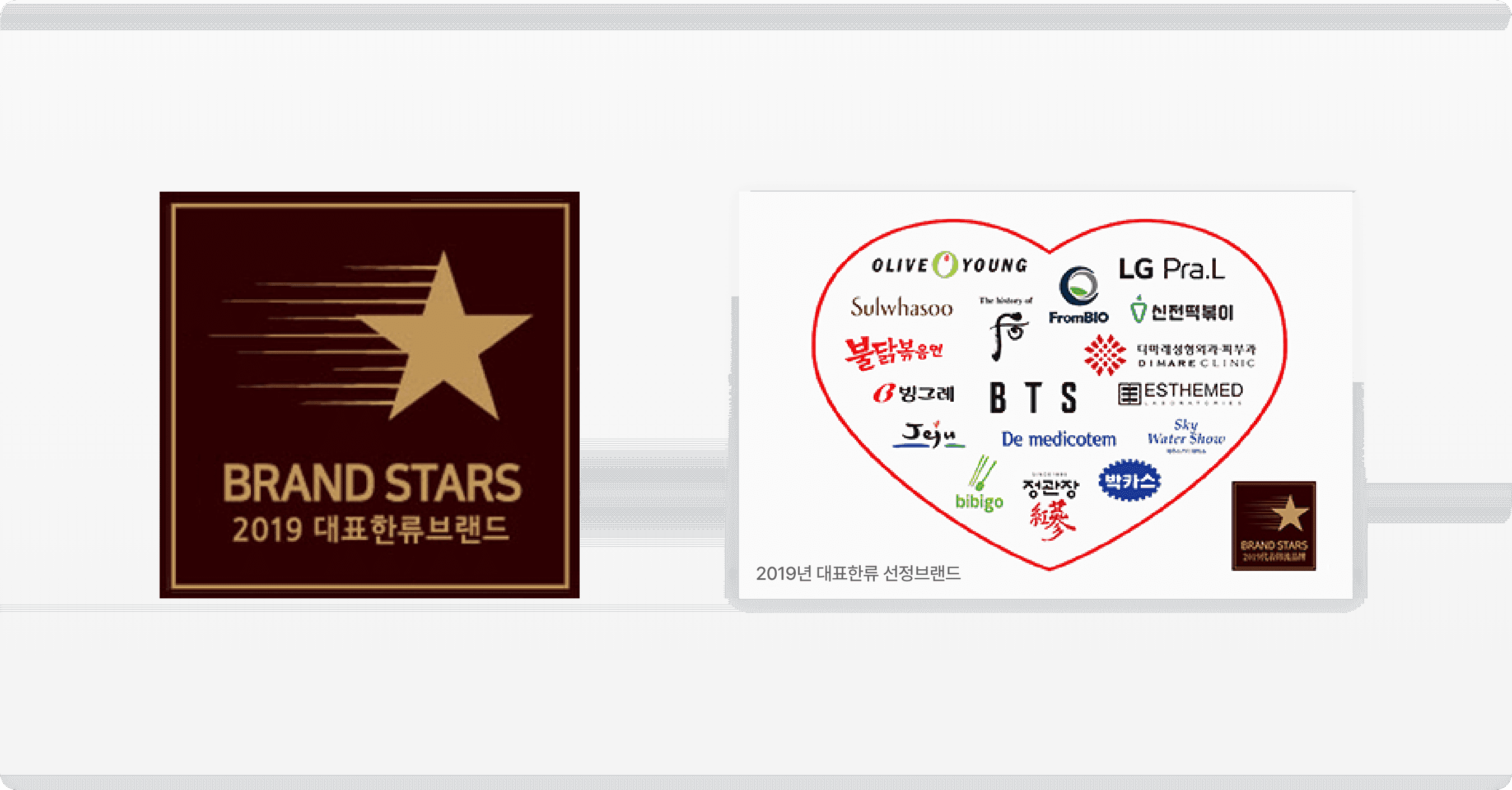 2019 대표한류브랜드(Brand Stars) 선정, 인증 마크와 하트 형태로 배치된 선정 브랜드 로고 모음