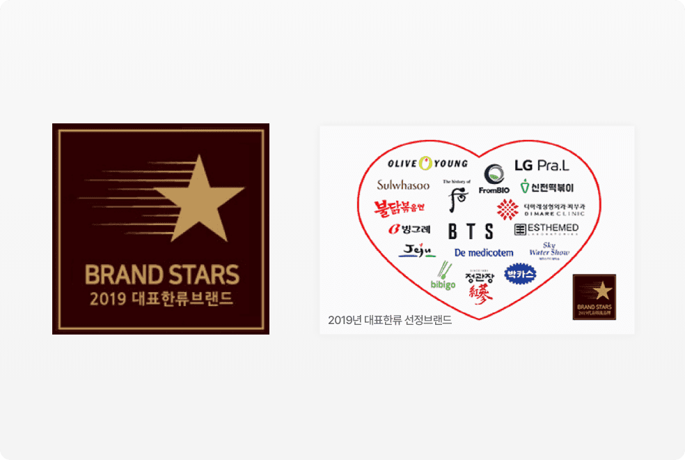2019 대표한류브랜드(Brand Stars) 선정, 인증 마크와 하트 형태로 배치된 선정 브랜드 로고 모음