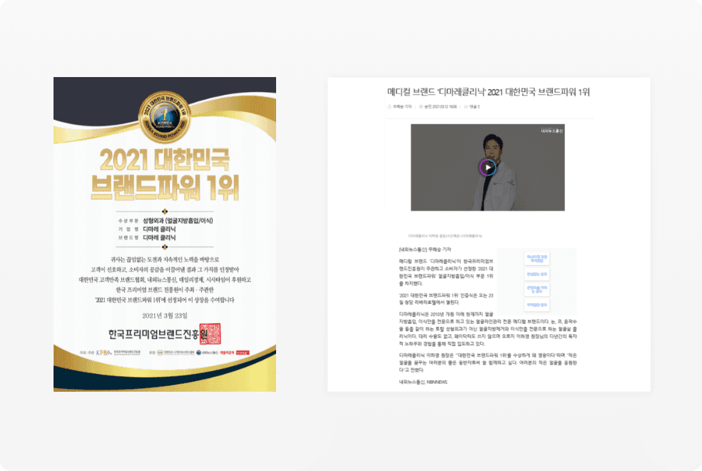 한국프리미엄브랜드진흥원 얼굴지방흡입·이식 부문 ‘2021 대한민국 브랜드파워 1위’ 수상, 인증서와 기사 화면