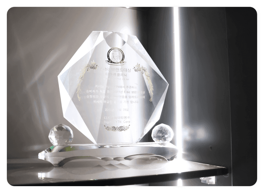 E-biz 브랜드 성형외과 부문 대상 수상 트로피, 디마레클리닉의 독보적인 브랜드 가치 입증