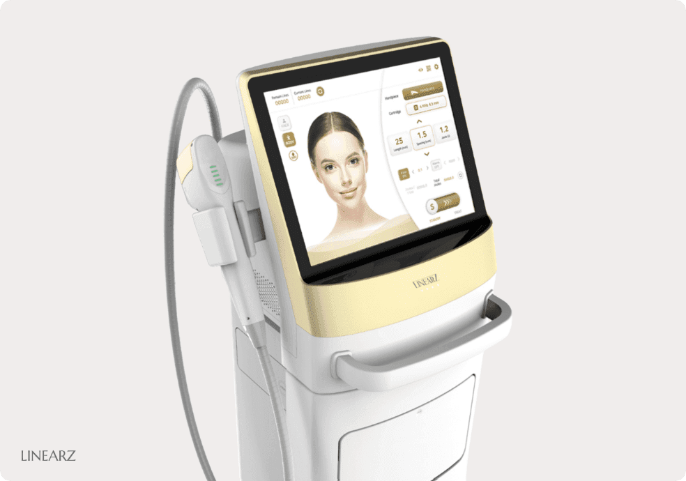 디마레 리니어지(LINEARZ) 초음파 리프팅, 집속 초음파 열에너지를 조사하여 늘어진 조직을 수축시키고 얼굴 윤곽의 경계를 또렷하고 매끄럽게 정돈하는 효과