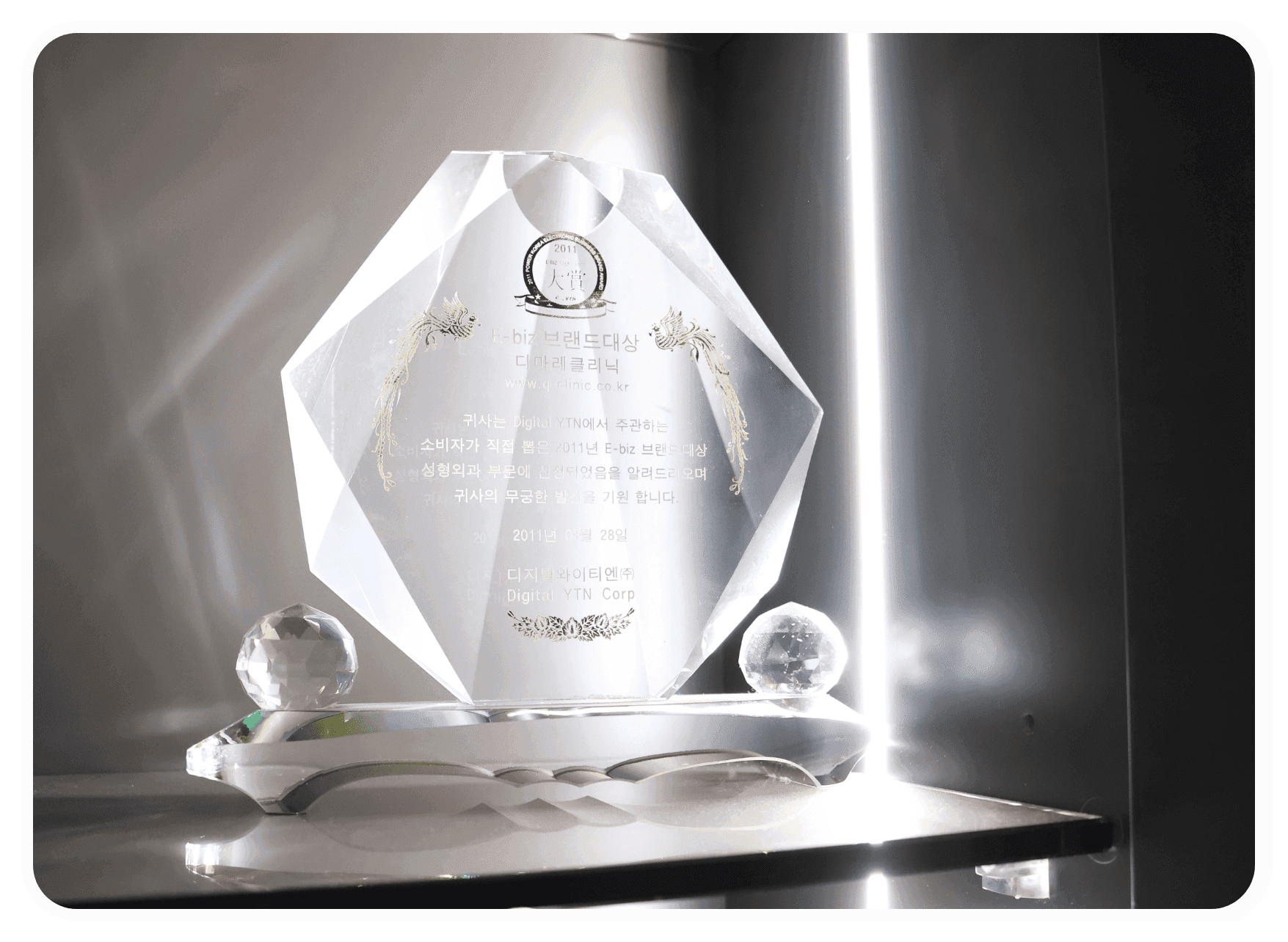 E-biz 브랜드 성형외과 부문 대상 수상 트로피, 디마레클리닉의 독보적인 브랜드 가치 입증